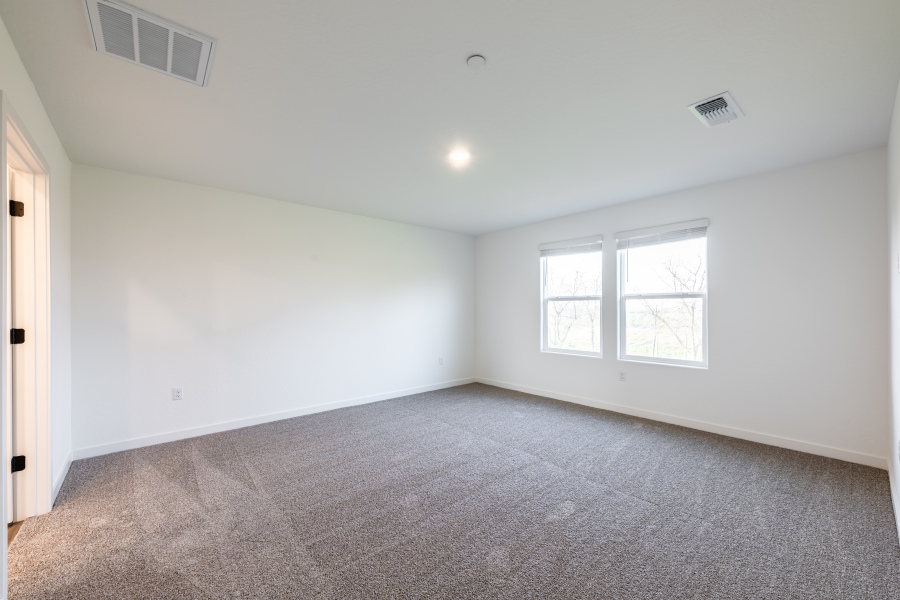 A room with a carpet and windows.