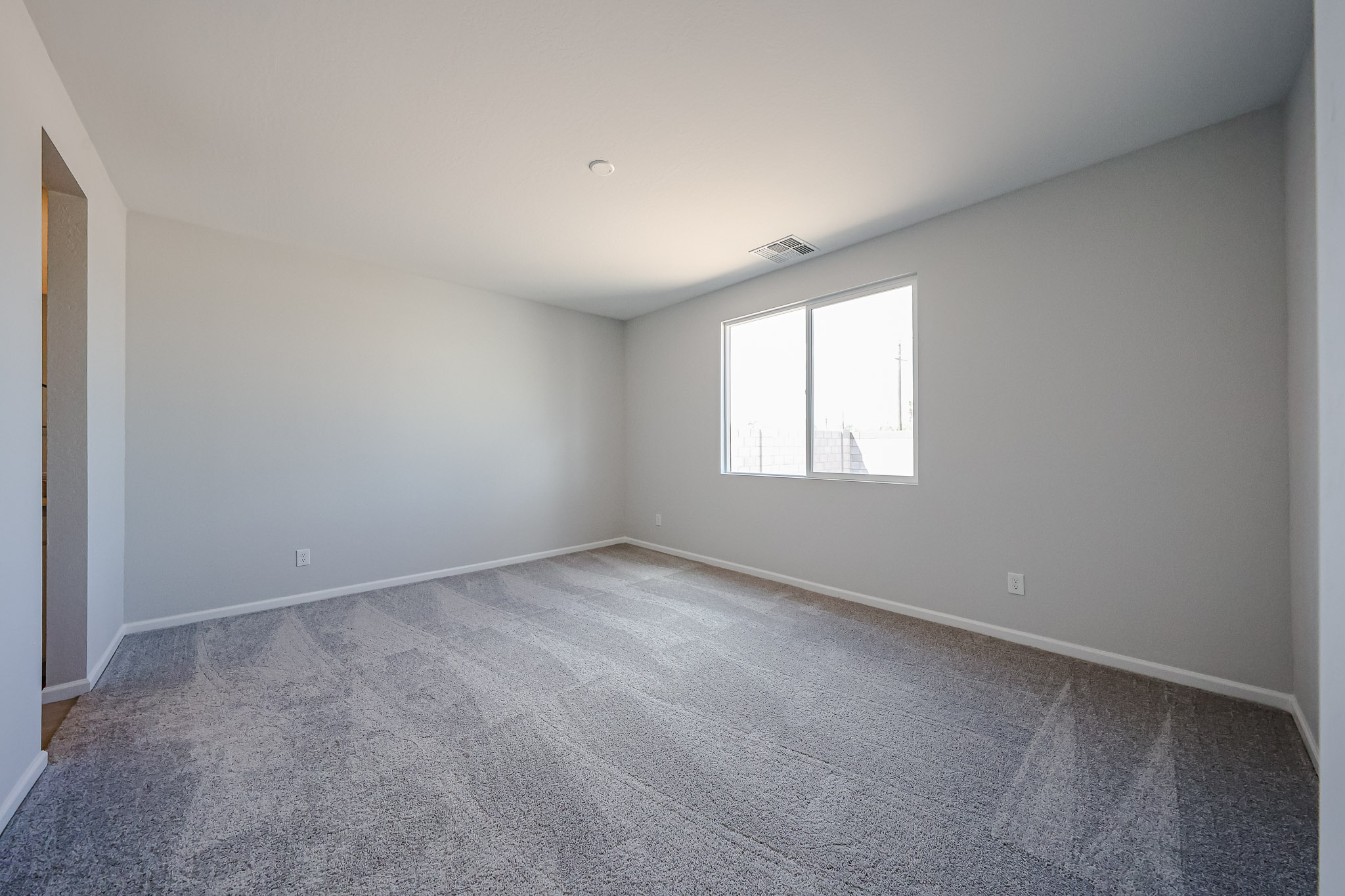 A room with a carpet and windows.