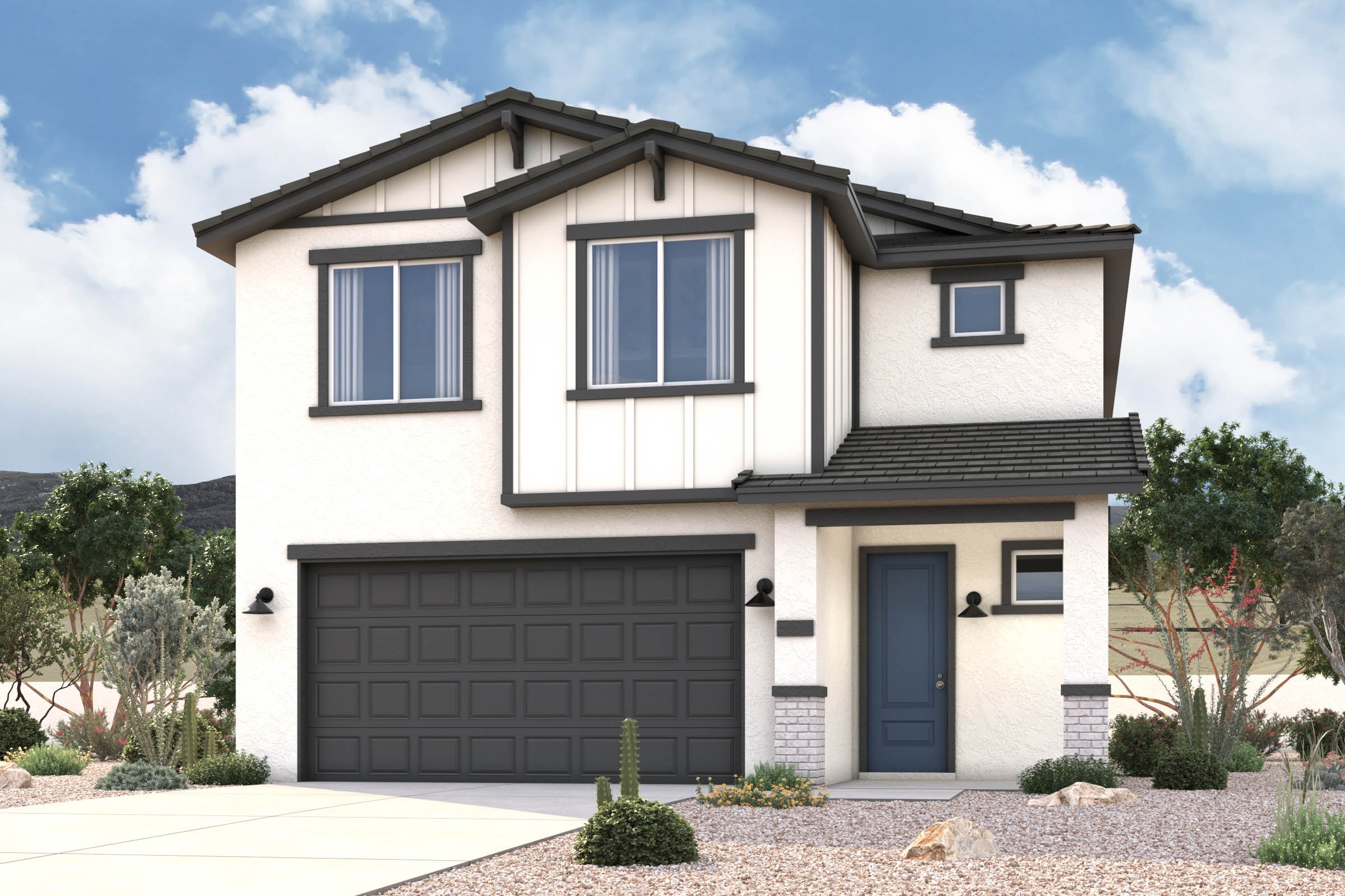 Twilight rendering of front of new home for sale in San Tan Valley, AZ at Skyline Village the Highlands Collection by Century Communities with 2 car garage.
