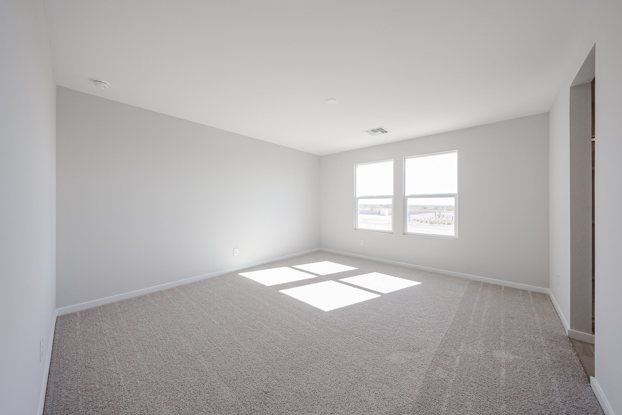 A room with a carpet and windows.