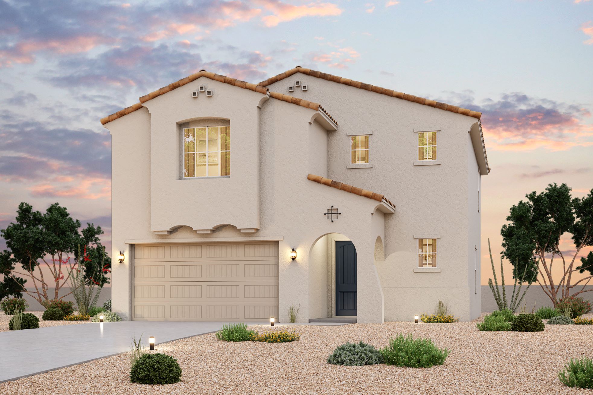 A white house with a garage.