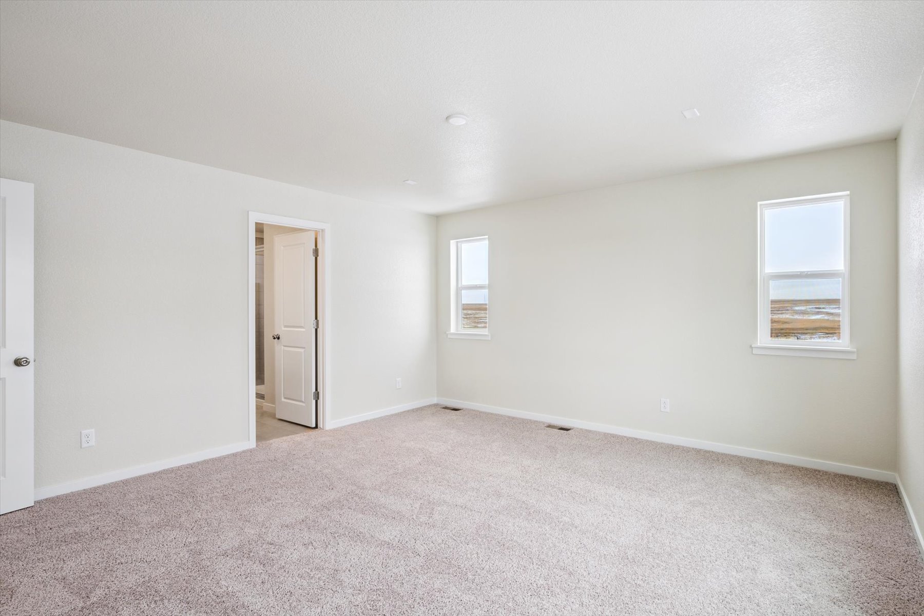 A room with a carpet and windows.