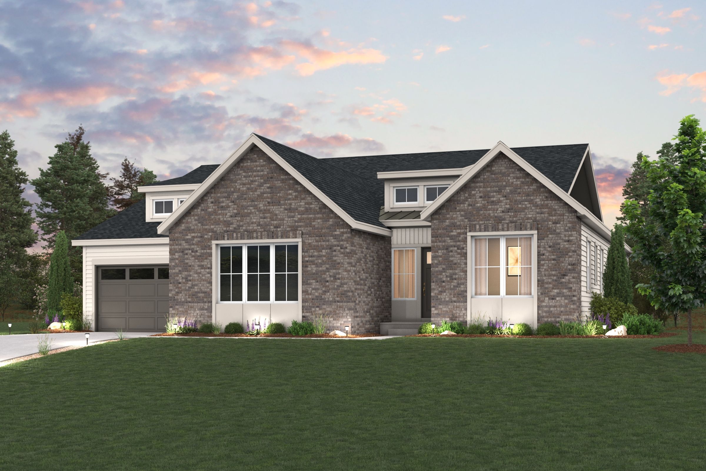 A house with a lawn in front.