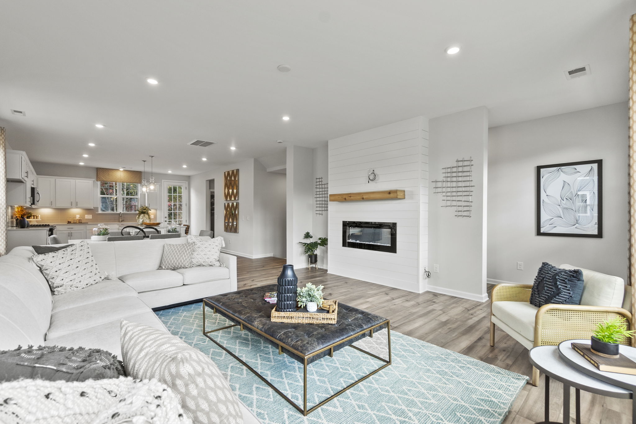 A living room with a fireplace.