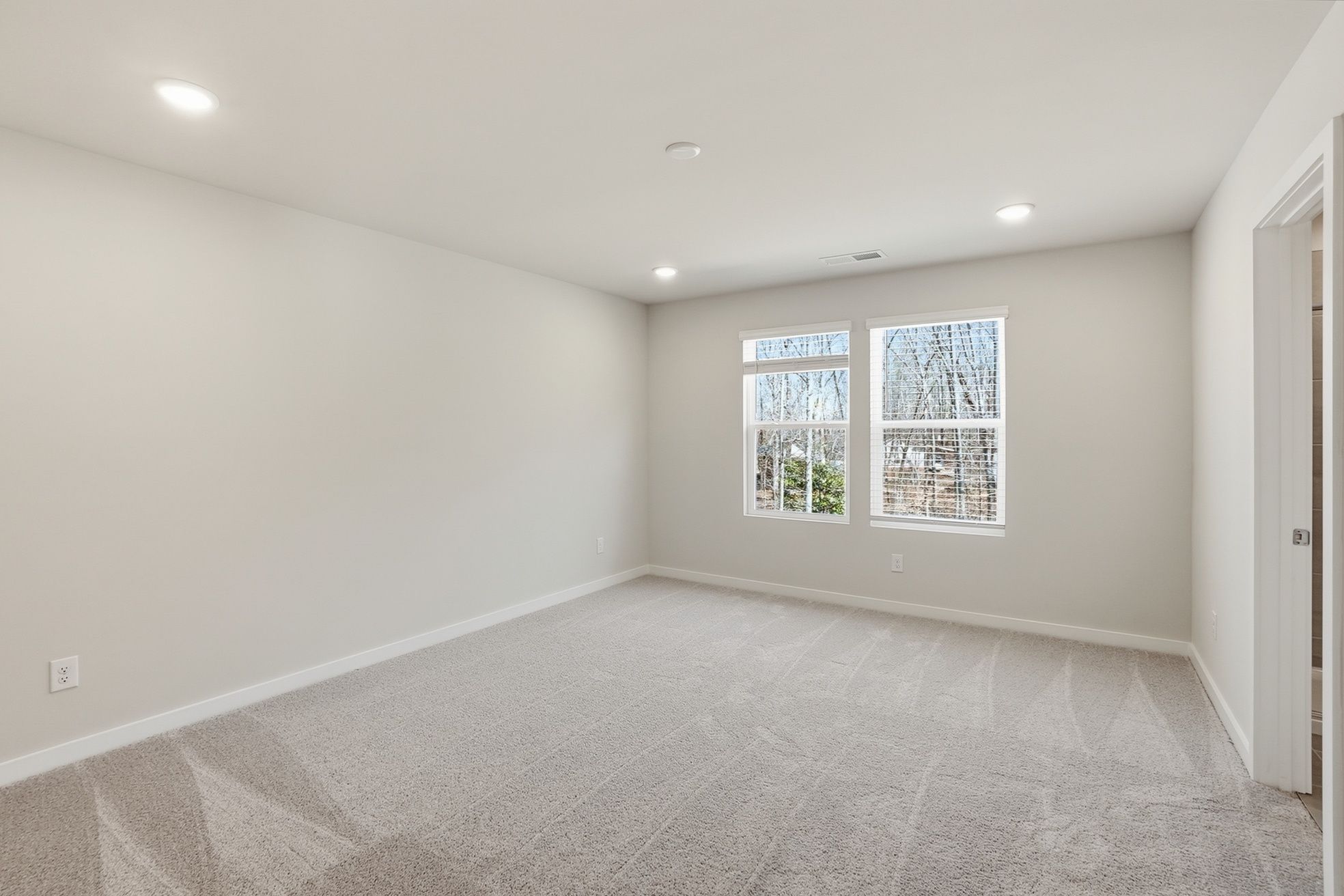 A room with a carpet and windows.