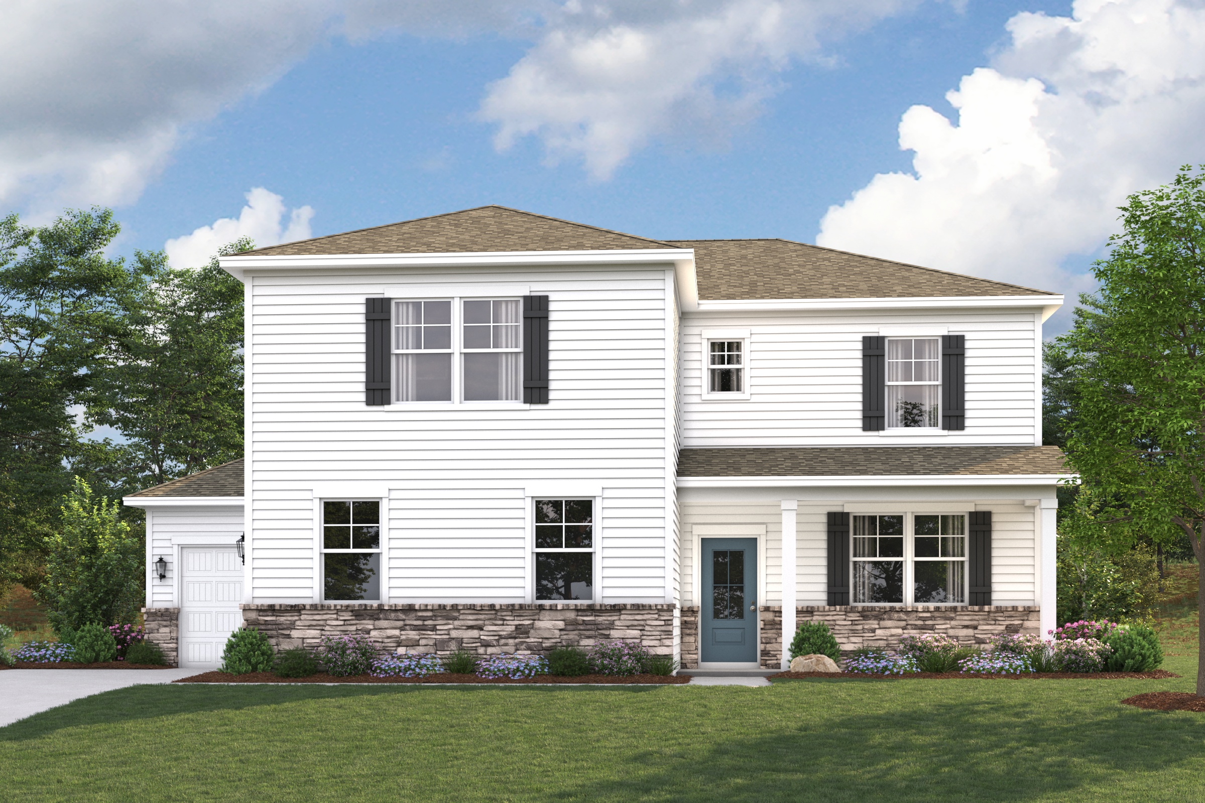 A white house with a lawn.