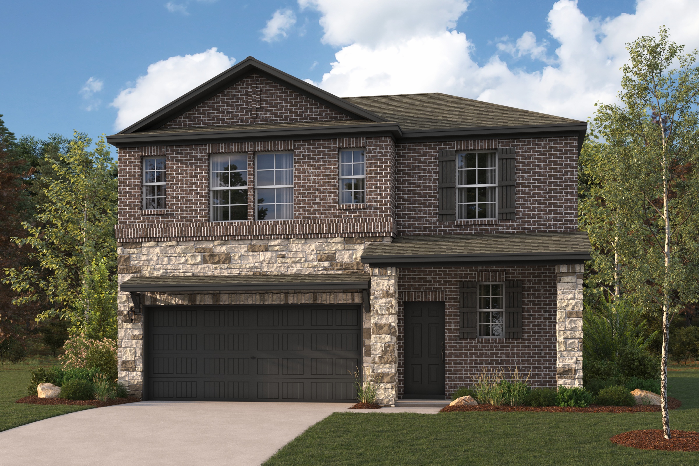 A brick house with a garage.