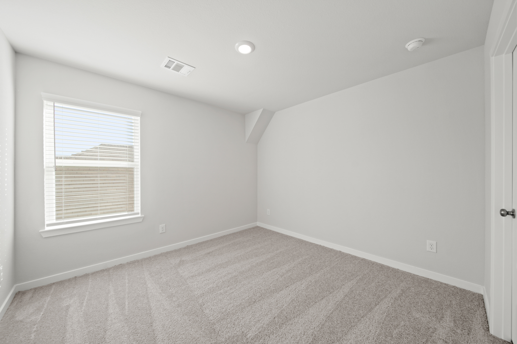 A room with a carpet and windows.