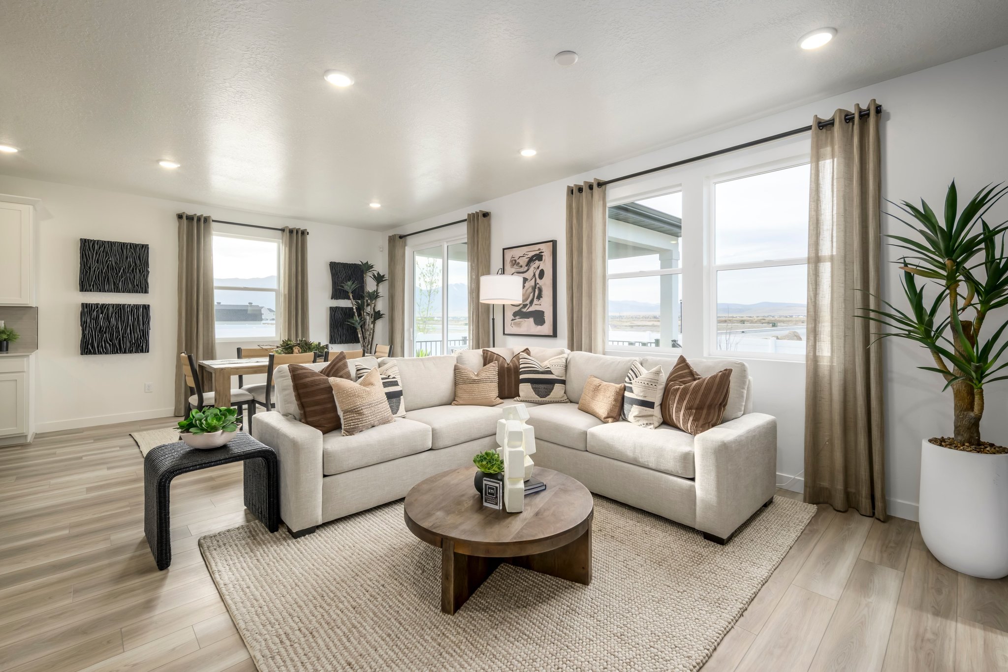 A living room with a large window.
