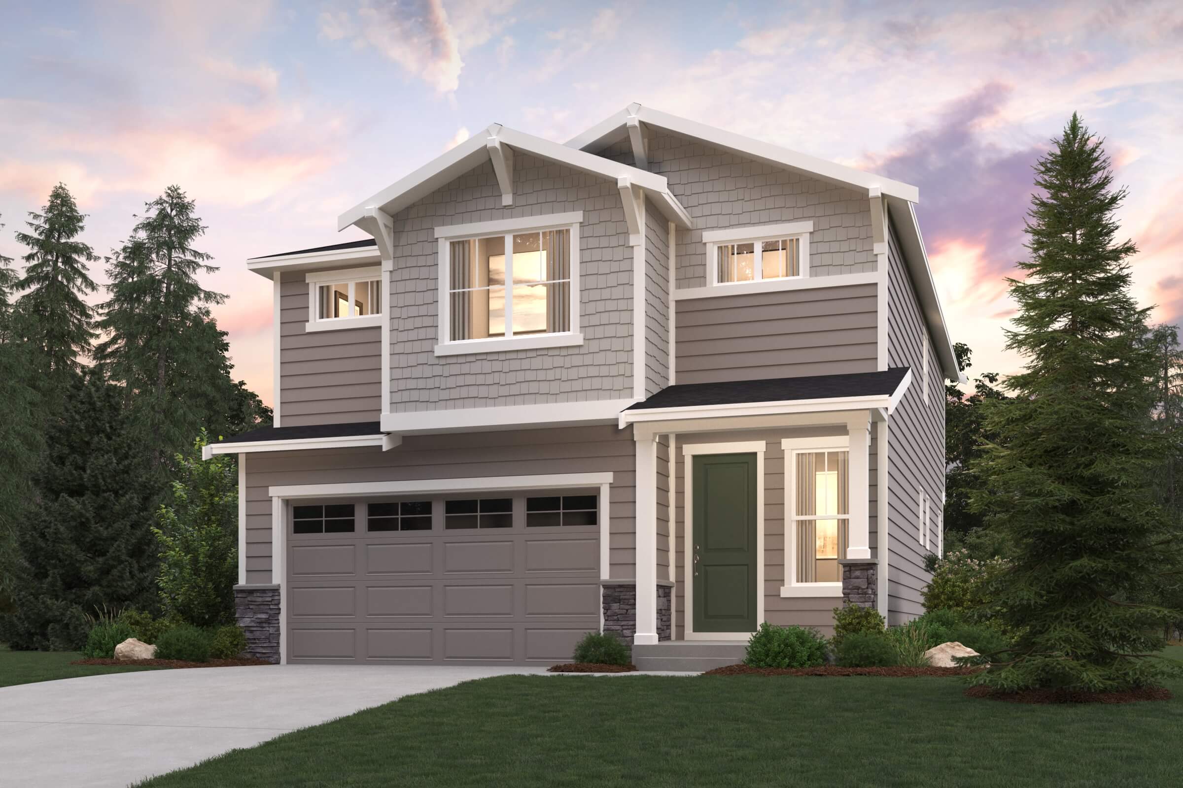 A house with a garage and trees.