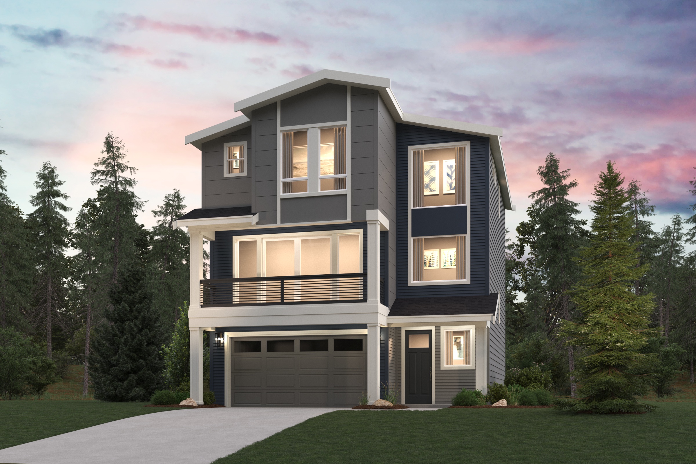 A house with trees around it.