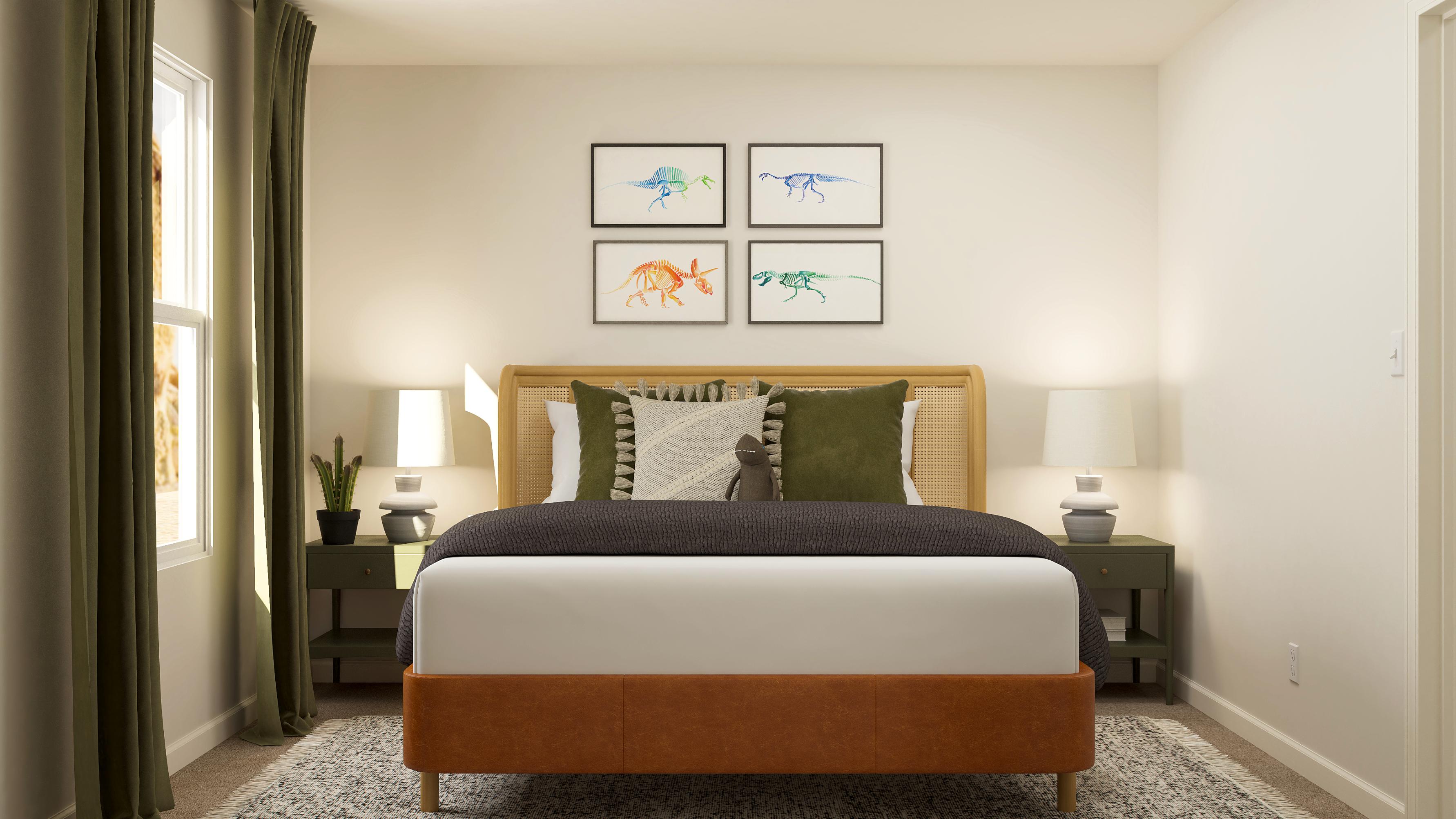 A bed with a white bed spread.