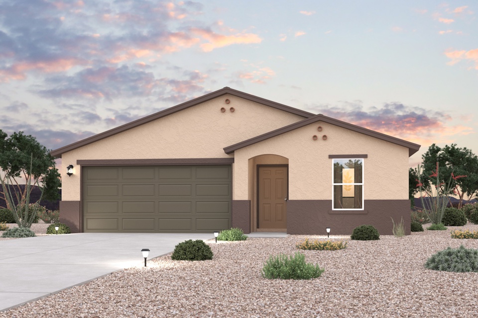 A house with a gravel driveway.